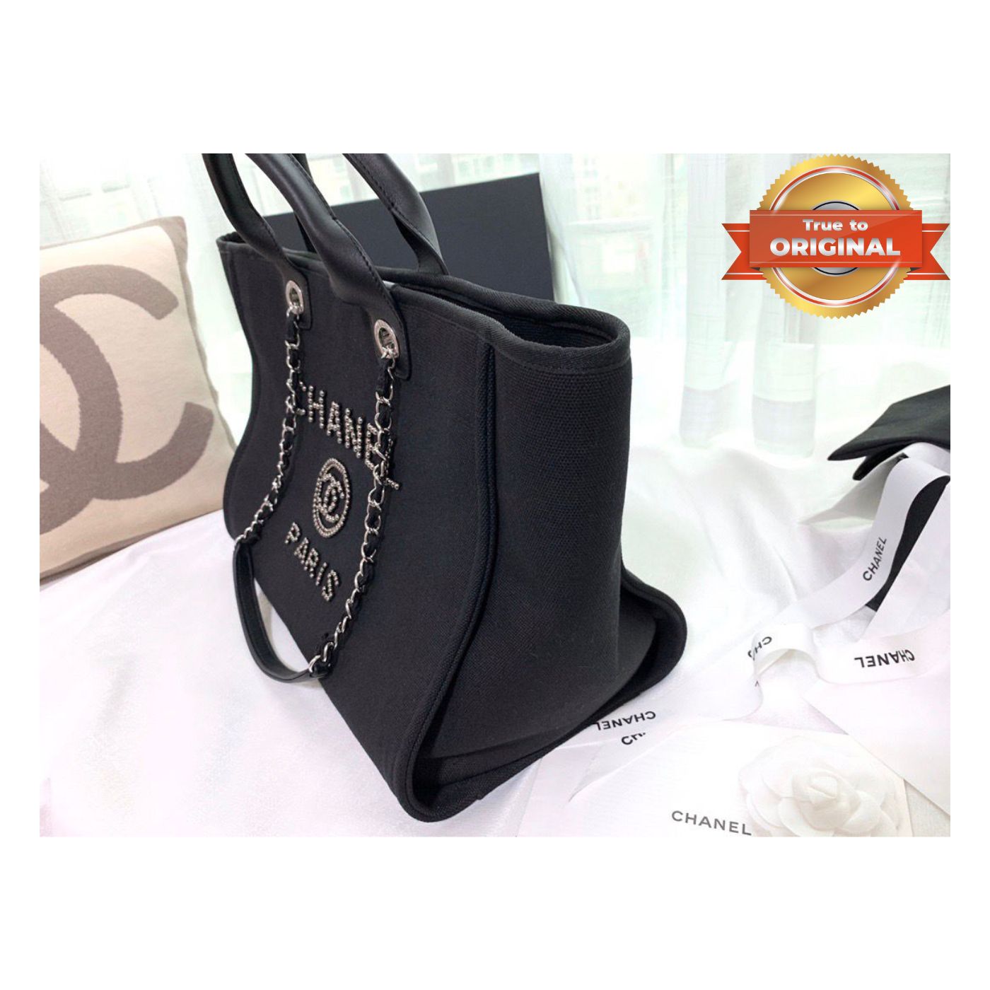 [True-to-ORIGINAL] Chanel Large Deauville Pearl Tote Bag Black For Women 15in/38cm